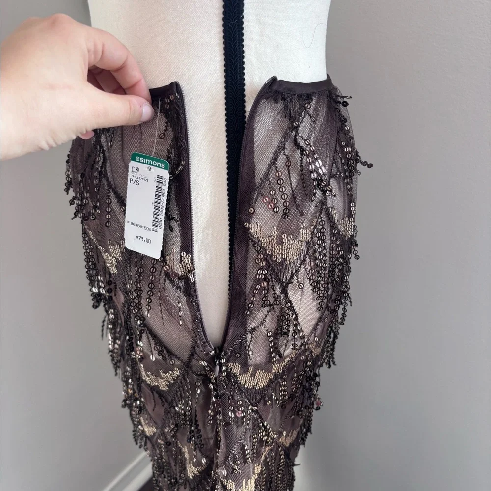 NWT Simons Chocolate Brown Sequin Lace Sequin Sparkly tulle Midi Skirt Size S - Picture 7 of 15